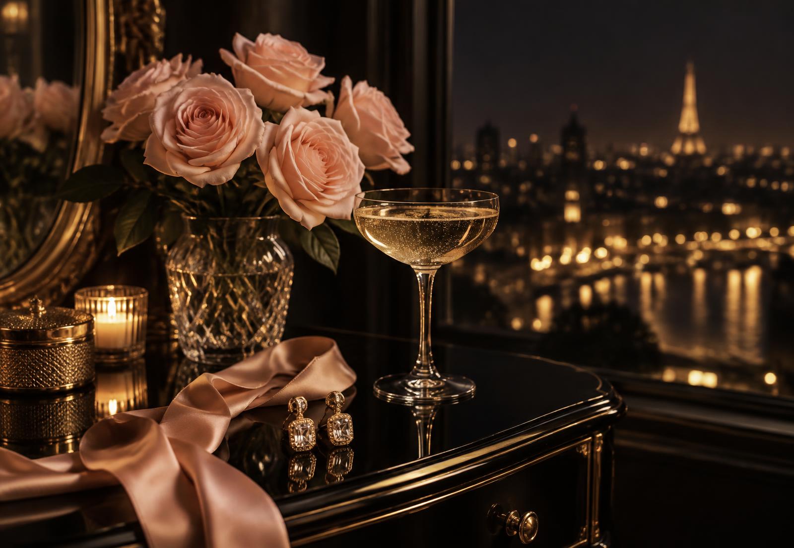 Blush roses, champagne and gold earrings on a black vanity against city lights at night